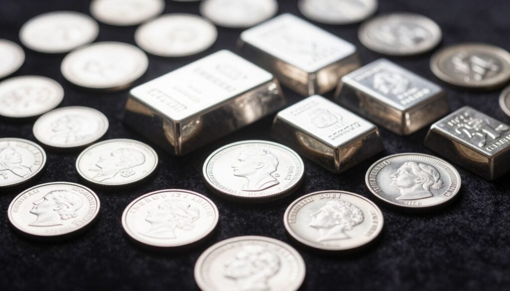 A captivating display of popular silver coins and bars arranged artfully on a dark velvet background, emphasizing their glimmering surfaces. In the foreground, close-up views of a variety of investment-grade silver coins, showcasing intricate designs and mint marks. The middle section features elegant silver bars, each with distinct finishes, reflecting light dramatically. Bright, focused lighting highlights the shiny textures and fine details of the coins and bars, casting soft shadows. The background is softly blurred to draw attention to the silver pieces while creating a serene, sophisticated atmosphere. The overall mood is one of luxury and investment potential, ideal for showcasing the benefits of investing in precious metals. A captivating display of popular silver coins and bars arranged artfully on a dark velvet background, emphasizing their glimmering surfaces. In the foreground, close-up views of a variety of investment-grade silver coins, showcasing intricate designs and mint marks. The middle section features elegant silver bars, each with distinct finishes, reflecting light dramatically. Bright, focused lighting highlights the shiny textures and fine details of the coins and bars, casting soft shadows. The background is softly blurred to draw attention to the silver pieces while creating a serene, sophisticated atmosphere. The overall mood is one of luxury and investment potential, ideal for showcasing the benefits of investing in precious metals.