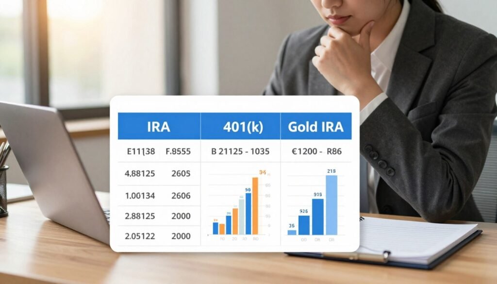 A clear and informative illustration showcasing a retirement plan comparison for the year 2026. In the foreground, a well-organized table displays three columns representing IRA, 401(k), and Gold IRA contributions, with numerical values and charts for each. The middle ground features a professional business person in smart attire, analyzing the table with a thoughtful expression, complemented by a laptop and a notepad nearby. The background includes a modern office setting with warm, natural lighting filtering through large windows, casting soft shadows. A subtle atmosphere of focus and professionalism pervades the scene, giving a sense of clarity and forward-thinking about retirement planning.