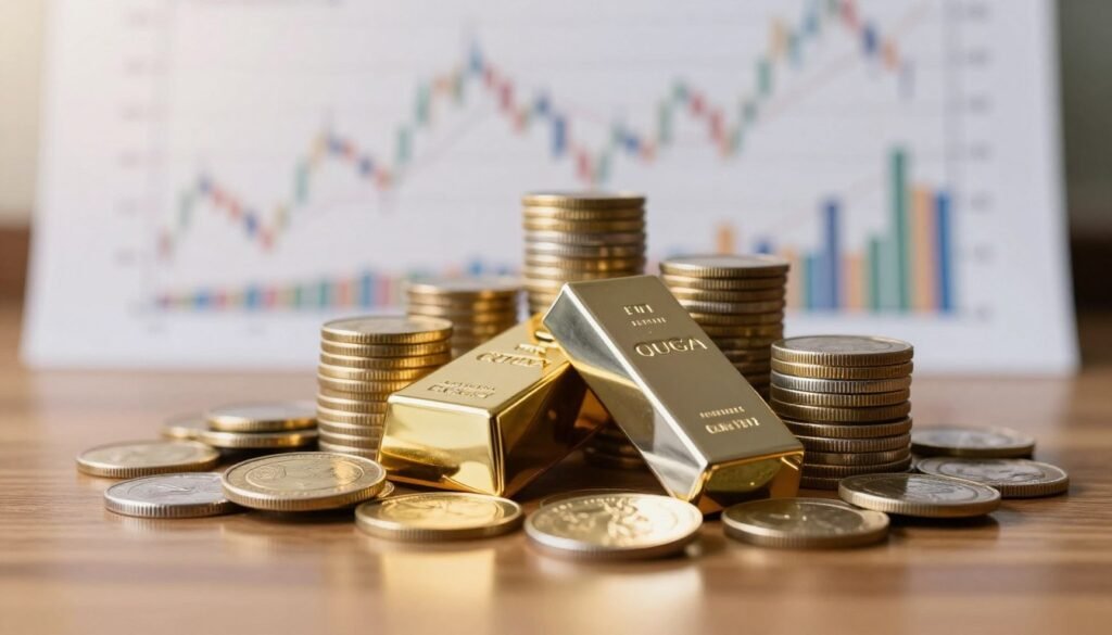 A close-up view of a beautifully arranged composition featuring gold and silver coins stacked with a backdrop of a soft, blurred financial market graph. In the foreground, a polished wooden table reflects the gleam of the coins, highlighting their intricate designs. The middle layer showcases a pair of elegant, gold and silver bars placed side by side, casting subtle shadows. Soft, warm lighting enhances the metallic luster of the coins and bars, creating an inviting atmosphere. In the background, abstract representations of portfolio diversification in the form of blurred stock market trends and analysis charts are visible, hinting at growth and stability. The overall mood is one of trust, prosperity, and financial foresight, appealing to investors considering precious metals.