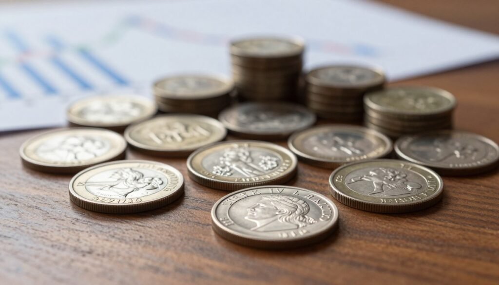 A close-up view of a silver IRA physical silver coin collection displayed on a polished wooden table, showcasing a variety of intricate designs and textures. In the foreground, focus on a few coins gleaming under soft, natural light, highlighting their metallic luster and details. In the middle ground, softly blurred stacks of coins create depth, while the background features a subtle financial report or market charts, slightly out of focus to emphasize the coins. The overall atmosphere is professional and informative, evoking a sense of investment and value. Use a shallow depth of field to bring attention to the coins and create an engaging, warm lighting effect that suggests prosperity and security in retirement planning.