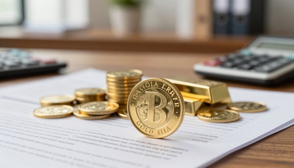 A close-up view of a stylish golden IRA coin prominently displayed in the foreground, surrounded by a polished wooden desk adorned with financial documents and a calculator to represent financial planning. In the middle, there are stacks of gold coins and bars, symbolizing wealth accumulation. The background features a blurred view of a professional office setting with soft, warm lighting, emphasizing a sense of security and prosperity. The atmosphere is sophisticated and informative, suggesting the financial advantages associated with a Gold IRA. The image should convey a feeling of trust and stability, with the gold elements gleaming under the gentle light. Focus on capturing a professional look without any human figures to maintain a clear emphasis on the financial theme.