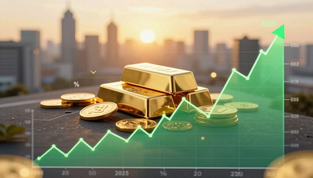 A detailed and dynamic image depicting the gold market trends and price chart for 2025. In the foreground, a sleek, modern digital price chart showcasing rising and fluctuating gold prices, rendered in vibrant gold and green tones. The middle layer features abstract representations of gold bars and coins, glistening to emphasize wealth and value, surrounded by subtle graphical elements like arrows and percentage markers indicating market movement. In the background, a softly blurred skyline of a financial district during sunset, casting warm golden hues, creating an atmosphere of optimism and prosperity. The lighting is bright yet soft, highlighting the chart and gold elements without distractions. The overall mood is informative and forward-looking, perfect for illustrating market insights. A detailed and dynamic image depicting the gold market trends and price chart for 2025. In the foreground, a sleek, modern digital price chart showcasing rising and fluctuating gold prices, rendered in vibrant gold and green tones. The middle layer features abstract representations of gold bars and coins, glistening to emphasize wealth and value, surrounded by subtle graphical elements like arrows and percentage markers indicating market movement. In the background, a softly blurred skyline of a financial district during sunset, casting warm golden hues, creating an atmosphere of optimism and prosperity. The lighting is bright yet soft, highlighting the chart and gold elements without distractions. The overall mood is informative and forward-looking, perfect for illustrating market insights.
