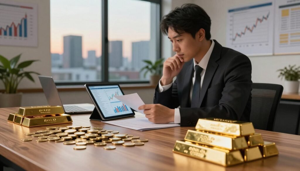 A detailed and professional risk analysis scene focused on gold investments. In the foreground, a polished wooden table displays a variety of gold coins and gold bars, glimmering in the warm light. In the middle ground, a financial analyst, dressed in a sharp business suit, closely examines charts and graphs on a digital tablet, with a look of thoughtful concentration. Behind them, a large window reveals a city skyline at dusk, casting soft, ambient light across the space. Charts illustrating gold price fluctuations are visible on the walls, while potted green plants add a touch of nature. The overall atmosphere conveys professionalism and focus, emphasizing careful analysis and long-term planning in investment strategies.