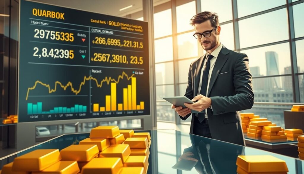A detailed illustration of central bank gold demand in a modern financial setting. In the foreground, a confident, professional-looking man in a tailored suit stands at a sleek glass table filled with gold bullion bars, analyzing data on a tablet. In the middle ground, a high-tech digital display showcases fluctuating gold prices and global demand statistics, while a bar graph highlights recent central bank purchases. The background features a sophisticated banking environment with large windows showing a bustling cityscape, infused with natural daylight streaming in. The atmosphere is one of optimism and urgency, with a slight tilt from a low-angle perspective to emphasize the importance of gold in the financial market's future. Soft, warm lighting enhances the golden hues of the gold bars, creating an inviting yet serious mood.
