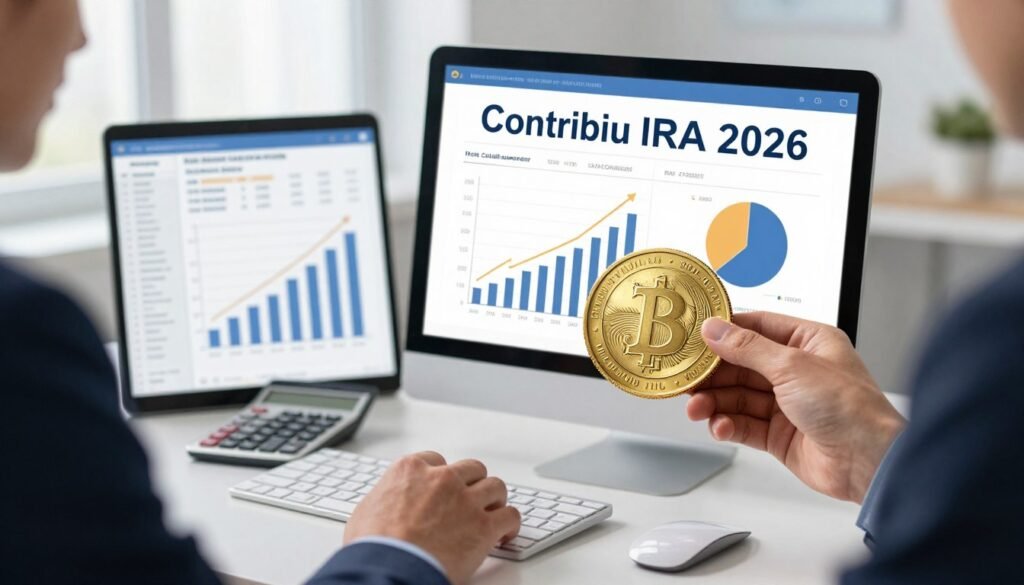 A detailed illustration showing the concept of Gold IRA contribution limits for 2026. In the foreground, a professional business person dressed in a sharp suit, examining a golden coin with intricate designs, symbolizing investment potential. In the middle, a sleek, modern desktop with financial documents and a calculator, surrounded by charts depicting growth trends in gold investments. In the background, a softly blurred office environment with large windows letting in natural light, creating a bright and inviting atmosphere. The overall mood should convey professionalism and clarity, with a focus on financial wisdom and future planning, captured from a slightly elevated angle to highlight the details of the gold coin and documents. Shine and reflections subtly enhance the gold’s luster.