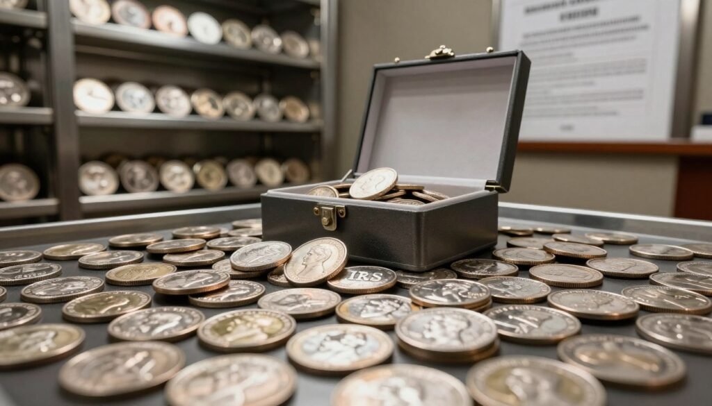 A detailed scene featuring IRS-approved silver coins prominently displayed in a luxurious vault setting. The foreground showcases an array of polished silver coins, gleaming under soft, ambient lighting that highlights their intricate details. In the middle, a secure storage box sits open, revealing more coins, with a backdrop of sturdy metal shelves filled with neatly arranged coin holders, enhancing the sense of security and compliance. The background features a subtle hint of official documents outlining IRS guidelines, blurred to emphasize the main subject without distraction. Use a wide-angle lens to capture the depth of the vault, with a warm, professional atmosphere that conveys trust and financial security. The image should be devoid of any text or branding, focusing solely on the coins and storage.