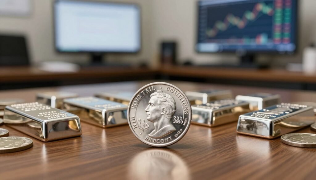A detailed scene featuring an elegant silver coin in the foreground, reflecting light with a polished surface, showcasing intricate designs and details. In the middle ground, a neatly arranged display of various silver bullion bars and coins glimmering under soft, warm lighting, giving a sense of value and quality. The background features a sophisticated office setting with a wooden desk and a financial chart on a digital screen, emphasizing professionalism. Use a slight depth of field to keep the focus on the silver items, while softly blurring the office details. The atmosphere should convey a sense of trust and seriousness associated with investment, with warm tones and soft shadows to create a welcoming yet professional environment. A detailed scene featuring an elegant silver coin in the foreground, reflecting light with a polished surface, showcasing intricate designs and details. In the middle ground, a neatly arranged display of various silver bullion bars and coins glimmering under soft, warm lighting, giving a sense of value and quality. The background features a sophisticated office setting with a wooden desk and a financial chart on a digital screen, emphasizing professionalism. Use a slight depth of field to keep the focus on the silver items, while softly blurring the office details. The atmosphere should convey a sense of trust and seriousness associated with investment, with warm tones and soft shadows to create a welcoming yet professional environment.