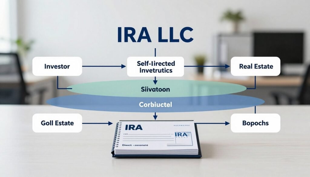 A detailed visual representation of an IRA LLC structure, showcasing a flowchart style with clearly defined sections. In the foreground, focus on a sleek, professional-looking checkbook symbolizing direct control, placed prominently at the center. The middle layer includes a layered diagram illustrating the relationship between an investor, their self-directed IRA, and various investment options like gold, real estate, and stocks. In the background, a blurred office setting with modern decor implies a professional atmosphere. Soft, natural lighting enhances the clarity of the diagram and gives a sense of trustworthiness. Incorporate a slight top-down angle to provide depth, while maintaining a clean, organized composition that exudes professionalism and confidence in self-directed investing strategies.