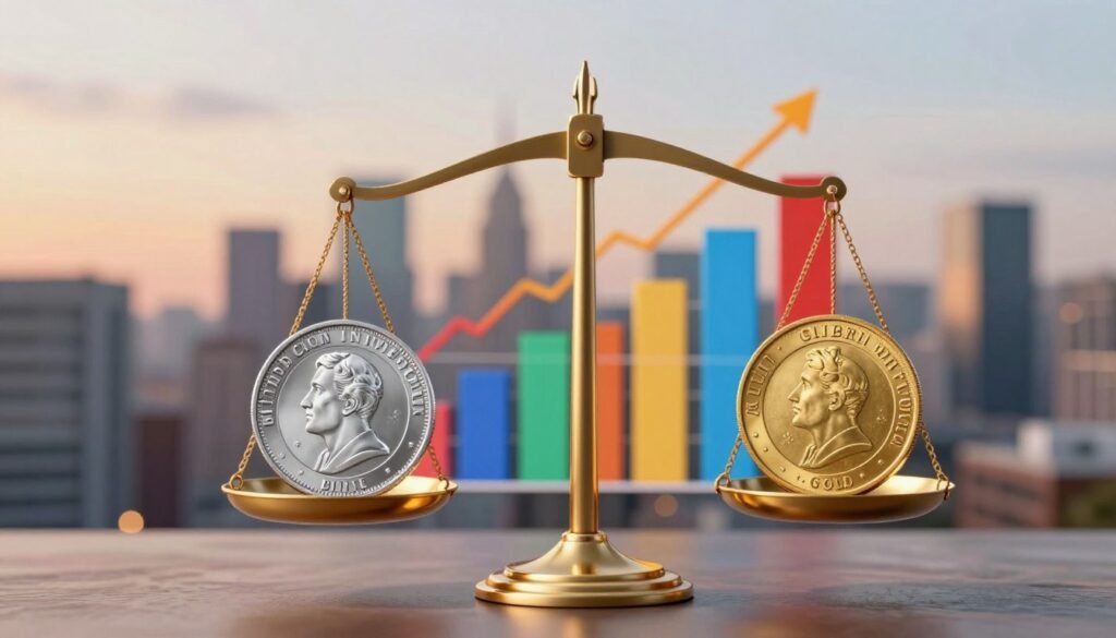 A dynamic and insightful illustration depicting the economic performance comparison of silver and gold in an investment context. In the foreground, a balanced scale holds two gleaming coins, one silver and one gold, symbolizing stability and growth. In the middle, a stylized bar graph rises, showcasing performance trends with vibrant colors representing each metal, hinting at their historical data. The background features a blurred city skyline during twilight, casting a warm yet professional atmosphere, enhancing the financial theme. Soft, diffused lighting emphasizes the coins and graph, creating depth, while a slight bokeh effect keeps the focus sharp. The composition feels informative and engaging, inviting the viewer to explore the comparative analysis of these precious metals.