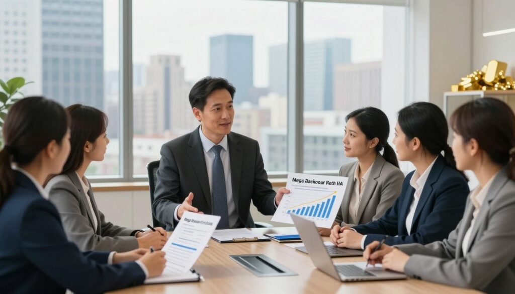 A dynamic and professional office environment depicting the concept of the Mega Backdoor Roth IRA. In the foreground, a confident financial advisor in formal business attire is explaining a financial strategy to a diverse group of clients, seated around a sleek conference table. They display visual materials, such as charts and graphs illustrating retirement projections and savings growth. In the middle ground, large windows reveal a bustling city skyline, symbolizing wealth and opportunity. Soft, natural lighting pours in, creating an inviting atmosphere. In the background, subtle hints of gold accents in the décor represent the integration of gold investment strategies, enhancing the theme of wealth accumulation. The overall mood is optimistic and focused on financial empowerment.