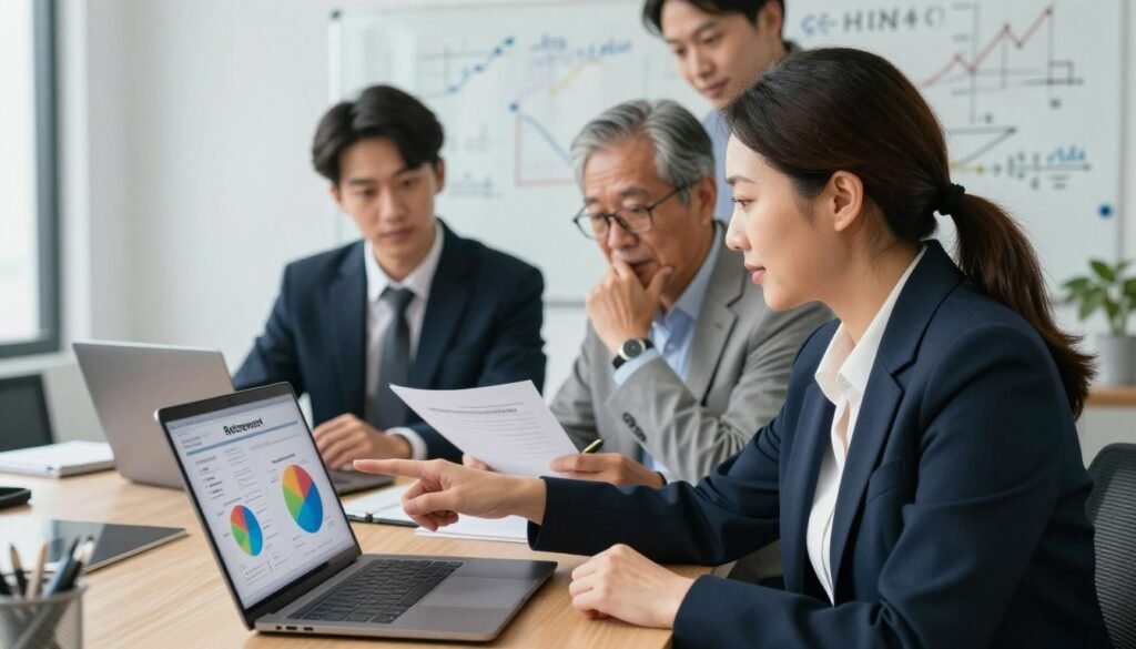 A dynamic office scene depicting a diverse group of four professionals analyzing retirement investment fee structures. In the foreground, a middle-aged woman in a smart blazer is pointing at a laptop screen displaying colorful graphs and pie charts related to fees. Beside her, a young man in a suit is taking notes, while an older gentleman with glasses is thoughtfully analyzing a printed report. In the background, a whiteboard is filled with mathematical equations and diagrams illustrating financial concepts. Soft, natural lighting reflects an optimistic atmosphere, and the camera is positioned at a slight angle to capture the intensity of their discussion. The overall mood is analytical and focused, emphasizing the importance of understanding fees in retirement investments.