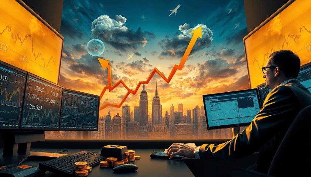 A dynamic representation of inflation, interest rates, and market volatility. In the foreground, depict a busy financial trader analyzing fluctuating graphs on multiple digital screens, dressed in professional business attire. In the middle, illustrate an abstract representation of rising interest rates, with arrows and graphs rising sharply amidst stormy clouds symbolizing market volatility. The background should feature a city skyline at dusk, with a glowing golden hue that references gold prices, while scattered coins and gold bars subtly integrate the gold market theme. The lighting should be dramatic, casting long shadows to enhance tension and create an atmosphere of urgency and opportunity. Use a wide-angle lens to capture the breadth of the scene, focusing on the emotional intensity of the financial environment.