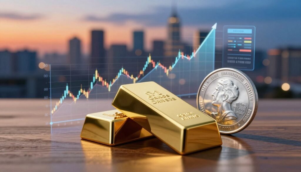 A dynamic, visually striking illustration of the gold and silver market drivers. In the foreground, feature a polished gold bar and a shimmering silver coin, resting on a wooden surface, reflecting warm and cool light tones. In the middle, depict a variety of market indicators like rising stock graphs and transparent infographics, subtly integrated around the precious metals to symbolize their fluctuation with economic trends. In the background, a blurred city skyline at dusk adds a sense of modern financial atmosphere; the sky transitions from warm orange to deep blue, casting dramatic shadows. The overall mood should convey a sense of urgency and importance, highlighting the nuances of market dynamics in precious metal investing. Soft, even lighting enhances the focus on gold and silver, creating a polished, professional look.