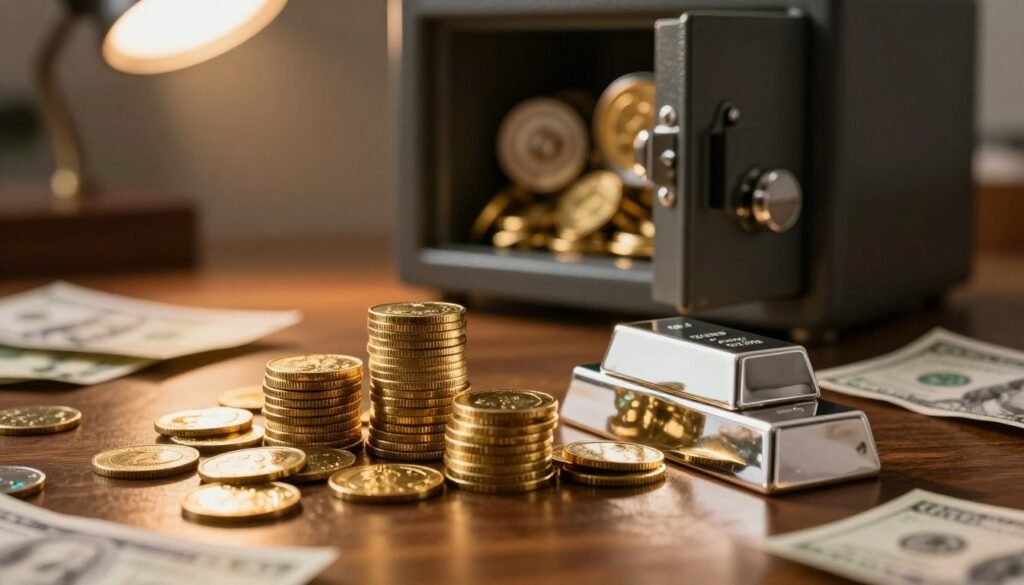 A luxurious display of precious metals, featuring gleaming gold coins stacked in an elegant arrangement in the foreground, reflecting light with warm, inviting tones. Silvery bars glisten beside them, showcasing their immaculate finish, while soft-focus gemstones add a touch of color and sophistication. The middle ground includes a wooden table with a gentle sheen, surrounded by scattered currency notes, symbolizing investment. In the background, a magnificent safe is slightly ajar, hinting at the preservation of wealth, illuminated by a dramatic spotlight that casts soft shadows. The atmosphere is rich and opulent, evoking a sense of stability and security, with warm, ambient lighting enhancing the scene’s elegance and allure.