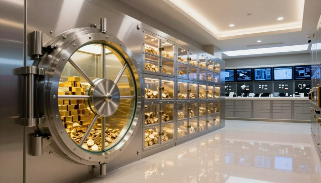 A modern, innovative gold storage facility showcasing various high-tech vaults and secure storage options. In the foreground, display a sleek, metallic vault door slightly ajar, with golden bars and coins visible inside, glinting under soft, warm lighting. The middle ground features rows of transparent safety deposit boxes, each illuminated with ambient lighting revealing their luxurious contents. In the background, an expansive, high-tech security system with digital screens and surveillance cameras gives a sense of advanced protection. The scene is set in a spacious, elegantly designed room with modern architecture, reflecting sophistication and security. Use a wide-angle lens to capture depth, with focused lighting creating contrast between the gold and the cool, modern colors of the surroundings, evoking a sense of trust and innovation.