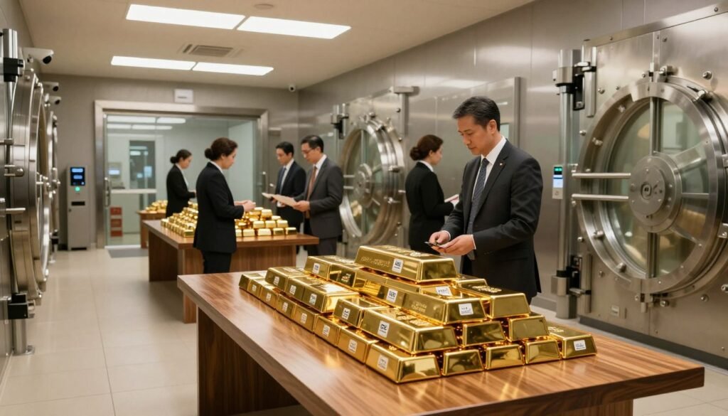 A modern, secure gold depository interior, showcasing rows of large, steel vaults gleaming under soft, warm lighting. In the foreground, a polished wooden table is set with neatly stacked gold bars, labeled with IRS compliance stickers. In the middle ground, professional staff members dressed in business attire are inspecting items and discussing regulatory requirements, exuding a sense of authority and trust. The sleek, high-tech security features of the facility are visible in the background, with surveillance cameras and a biometric access panel. The atmosphere conveys professionalism and security, with a subdued color palette and harmonious arrangement, emphasizing the importance of safeguarding retirement assets. The image is well-composed, utilizing a wide-angle lens to capture the vastness and meticulous organization of the depository space.