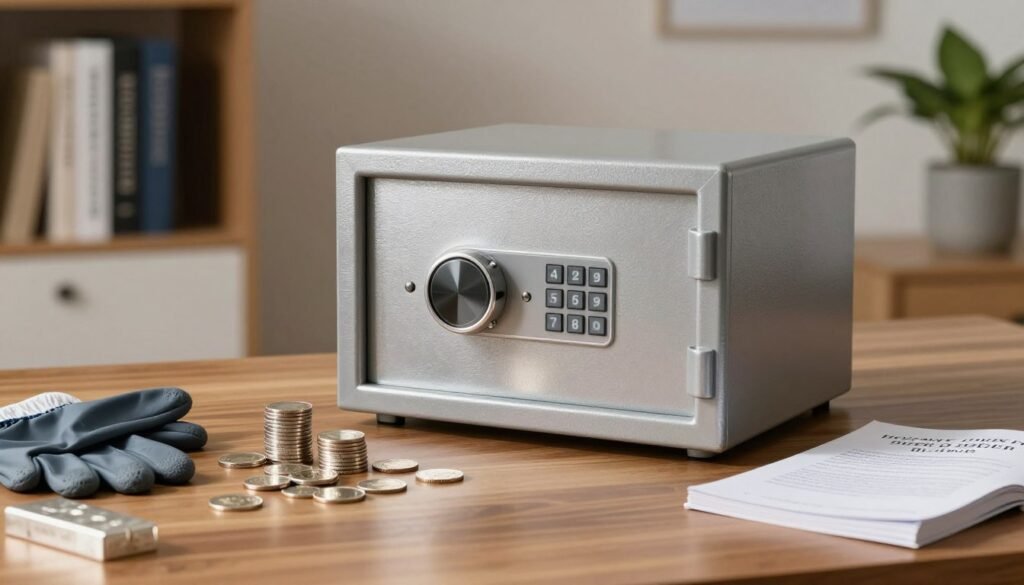 A modern, secure silver storage solution prominently displayed on a polished wooden tabletop. In the foreground, a sleek, high-quality safe made of brushed stainless steel, showcasing its locking mechanism and keypad. The middle ground features neatly stacked silver coins and bars, glinting under soft, warm light. Surrounding them are accessories like protective gloves and a comprehensive guidebook on buying and storing silver, hinting at professionalism and security. In the background, a muted office setting with shelves filled with financial books and a potted plant adding a touch of green. The scene is illuminated with gentle lighting, creating a calm and secure atmosphere, ideal for conveying safety and trust in investment. Shot with a slight depth of field to keep the focus on the storage solutions. A modern, secure silver storage solution prominently displayed on a polished wooden tabletop. In the foreground, a sleek, high-quality safe made of brushed stainless steel, showcasing its locking mechanism and keypad. The middle ground features neatly stacked silver coins and bars, glinting under soft, warm light. Surrounding them are accessories like protective gloves and a comprehensive guidebook on buying and storing silver, hinting at professionalism and security. In the background, a muted office setting with shelves filled with financial books and a potted plant adding a touch of green. The scene is illuminated with gentle lighting, creating a calm and secure atmosphere, ideal for conveying safety and trust in investment. Shot with a slight depth of field to keep the focus on the storage solutions.