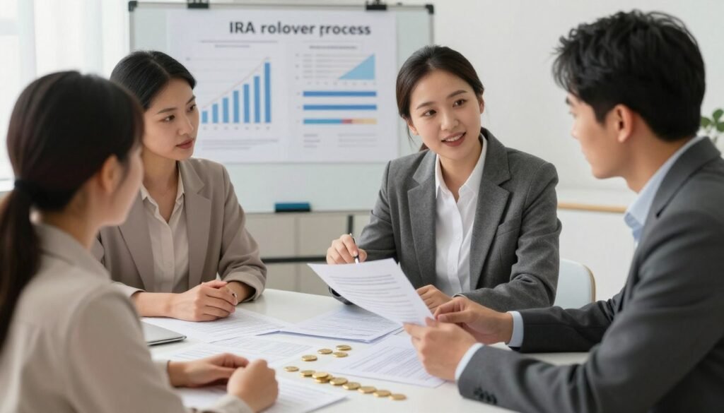 A professional and engaging depiction of the self-directed IRA rollover process in a smooth, informative style. In the foreground, a confident financial advisor in business attire is explaining the rollover steps to a diverse couple, who are attentively reviewing documents. The middle ground features a large table covered with papers, investment portfolios, and gold coins, symbolizing diversification into gold and stocks. In the background, a presentation board displays graphs comparing investment options, subtly highlighting the benefits of rollover strategies. The lighting is bright and inviting, with a soft focus on the couple's expressions to convey trust and clarity in their financial decisions. The overall atmosphere should feel professional and optimistic, emphasizing empowerment in retirement planning.