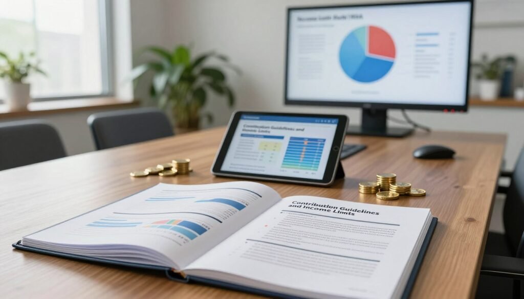 A professional and informative scene depicting a boardroom table with detailed charts and graphs displaying "Contribution Guidelines and Income Limits." In the foreground, an open folder with neatly arranged documents outlining key financial data and bullet points. The middle ground features a sleek digital tablet showcasing a colorful infographic related to retirement accounts, surrounded by model gold coins symbolizing investment. In the background, a large monitor displays a pie chart that represents income limits for Roth IRAs, with a modern office environment filled with plants and soft natural lighting coming through large windows. The mood is focused and analytical, showcasing professionalism and clarity in financial planning.