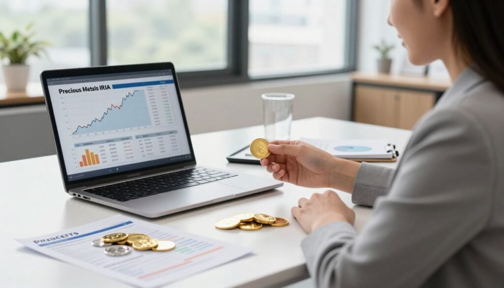 A professional and informative scene depicting a comparison between Precious Metals IRAs and Gold ETFs. In the foreground, a businesswoman in professional attire examines a laptop displaying graphs and charts of investment options for precious metals and gold ETFs. In the middle, a neatly arranged table features physical gold coins and silver bullion alongside ETF prospectuses, symbolizing the comparison of tangible assets versus digital ones. The background showcases an elegant office setting with large windows allowing natural light to illuminate the room, creating a bright and optimistic atmosphere. The image should be captured with a slight depth of field, focusing on the woman and the table to emphasize the subject matter clearly. The overall mood should be professional and insightful, inviting the viewer to reflect on investment choices.
