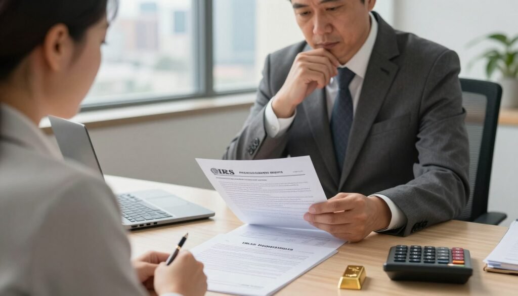 A professional and polished office setting depicting a financial advisor consulting with a client about IRS regulations for precious metals. In the foreground, include a detailed desk with IRS documents, a calculator, and a small gold bullion bar, all arranged neatly. The middle ground features the advisor, a middle-aged man in a sharp suit, thoughtfully examining the papers while explaining intricate regulations. The client, a woman in professional attire, listens attentively, nodding with interest. The background showcases a large window letting in natural light, illuminating a skyline view of a modern city. The mood is focused and serious, reflecting the weight of the financial decision-making process. Use soft, warm lighting to create an inviting atmosphere. A professional and polished office setting depicting a financial advisor consulting with a client about IRS regulations for precious metals. In the foreground, include a detailed desk with IRS documents, a calculator, and a small gold bullion bar, all arranged neatly. The middle ground features the advisor, a middle-aged man in a sharp suit, thoughtfully examining the papers while explaining intricate regulations. The client, a woman in professional attire, listens attentively, nodding with interest. The background showcases a large window letting in natural light, illuminating a skyline view of a modern city. The mood is focused and serious, reflecting the weight of the financial decision-making process. Use soft, warm lighting to create an inviting atmosphere.