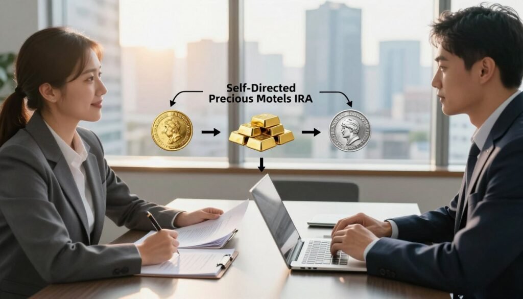 A professional business setting depicting the process of setting up a Self-Directed Precious Metals IRA. In the foreground, a well-dressed financial advisor interacts with a client at a sleek conference table, with documents and a laptop open before them. The middle layer includes a visual representation of gold and silver coins, bars, and a flowchart illustrating the IRA setup steps, clearly organized and easy to read. In the background, a large window shows a view of a modern cityscape, with the warm glow of sunlight filtering in, creating an inviting atmosphere. The mood is focused and optimistic, reflecting the importance of financial security through precious metals investment, captured with soft, natural lighting to enhance the professionalism of the scene.