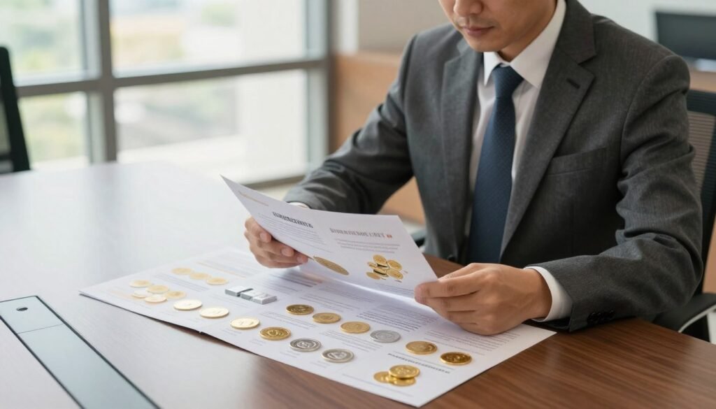 A professional financial advisor in a tailored suit, sitting at a sleek conference table, examining a comprehensive brochure of retirement investment products, including gold coins and silver bars, laid out in an organized manner. The background features a modern office with large windows, allowing natural light to illuminate the space, creating a warm and inviting atmosphere. The focus is on the advisor's thoughtful expression, highlighting the importance of secure financial planning for retirement. Soft, diffused lighting accentuates the quality elements presented, such as elegant graphics on the brochure and the gleam of the precious metals. The angle is slightly overhead, capturing both the advisor and the investment materials prominently, evoking a sense of professionalism and trustworthiness. A professional financial advisor in a tailored suit, sitting at a sleek conference table, examining a comprehensive brochure of retirement investment products, including gold coins and silver bars, laid out in an organized manner. The background features a modern office with large windows, allowing natural light to illuminate the space, creating a warm and inviting atmosphere. The focus is on the advisor's thoughtful expression, highlighting the importance of secure financial planning for retirement. Soft, diffused lighting accentuates the quality elements presented, such as elegant graphics on the brochure and the gleam of the precious metals. The angle is slightly overhead, capturing both the advisor and the investment materials prominently, evoking a sense of professionalism and trustworthiness.