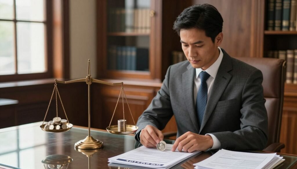 A professional financial advisor in business attire stands confidently in the foreground, examining a silver coin and a 401k statement on a sleek glass desk. In the middle ground, a balance scale features a silver ingot on one side and a stack of diversified investment documents on the other, symbolizing the balance of risk and reward. The background shows an elegant office with rich wood accents and large windows letting in warm, natural light, creating a sense of optimism and opportunity. The overall atmosphere is one of trust and professionalism, with soft shadows enhancing the depth of the scene, captured from a slightly elevated angle to emphasize the advisor’s analytical focus on the benefits of silver IRA diversification.