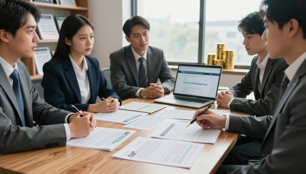 A professional office environment with a polished wooden desk in the foreground, where a diverse group of business professionals in business attire are engaged in a discussion about tax implications. In the middle ground, there are spreadsheets, tax forms, and a laptop displaying the IRS website on a computer screen. The background features a large window with natural light streaming in, illuminating stacks of gold coins and retirement investment brochures on a shelf. The mood is focused and serious, conveying the complexity of financial planning and IRS reporting. The image should have soft, warm lighting, captured from a slight angle to create depth, showcasing a collegial atmosphere where important financial decisions are being made.
