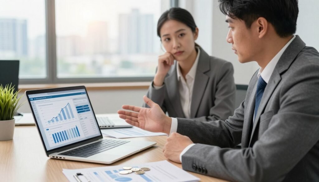 A professional office scene depicting a financial consultant discussing silver IRA providers with a client. In the foreground, a well-dressed financial advisor, wearing a tailored suit, gestures towards a sleek laptop displaying charts of silver investments and IRA options. The client, in professional attire, looks thoughtfully at the screen. In the middle ground, a modern desk cluttered with documents and silver coins creates a sense of financial strategy. The background features a large window with city skyline views, letting in soft, natural light that adds warmth to the atmosphere. The overall mood is one of professionalism and informed decision-making, highlighting trust and insight in financial planning.