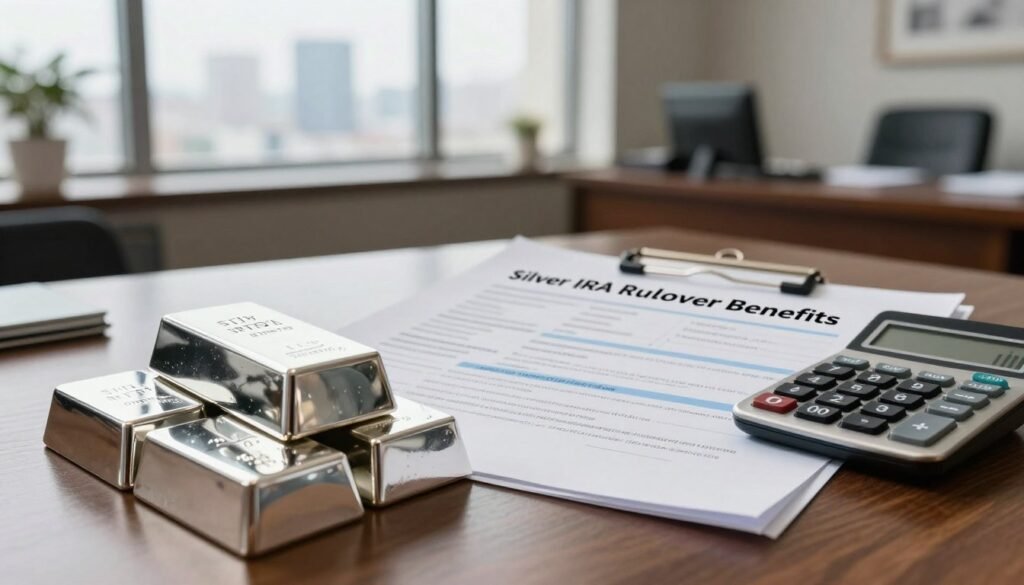 A professional setting showcasing the concept of "Silver IRA Rollover Benefits." In the foreground, display a stack of shimmering silver bars, symbolizing wealth and investment potential. The middle ground features an open financial portfolio with highlighted documents related to silver investments and a calculator, emphasizing planning and strategy. The background is an elegantly designed office with a large window letting in soft, natural light, and a city skyline visible, creating a sense of opportunity and growth. The mood is optimistic and fiscally responsible, capturing the emerging trend of silver IRAs. Use a warm color palette to convey security and stability, with a focus on clarity and professionalism in composition. No people or text included. A professional setting showcasing the concept of "Silver IRA Rollover Benefits." In the foreground, display a stack of shimmering silver bars, symbolizing wealth and investment potential. The middle ground features an open financial portfolio with highlighted documents related to silver investments and a calculator, emphasizing planning and strategy. The background is an elegantly designed office with a large window letting in soft, natural light, and a city skyline visible, creating a sense of opportunity and growth. The mood is optimistic and fiscally responsible, capturing the emerging trend of silver IRAs. Use a warm color palette to convey security and stability, with a focus on clarity and professionalism in composition. No people or text included.