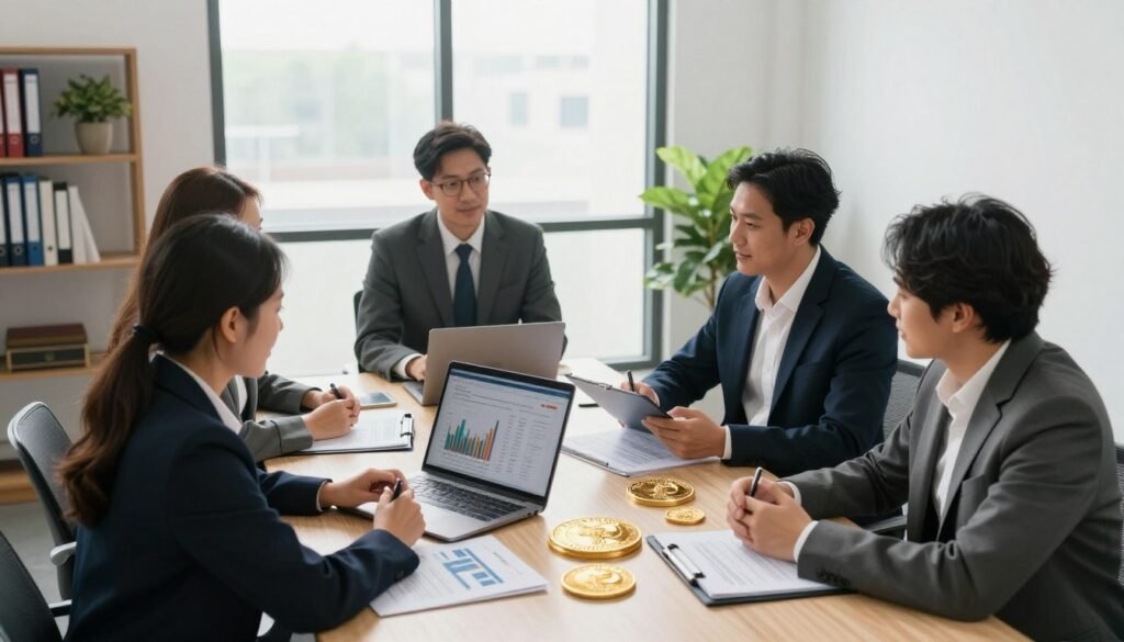 A professional, well-organized office setting as the foreground, featuring a diverse group of individuals in professional business attire discussing investment options over a table filled with American Gold Eagles, financial documents, and a laptop displaying graphs and charts. In the middle ground, a large window allows soft, natural light to flood in, illuminating the room and creating a sense of openness. The background showcases a bookshelf with financial literature and decorative plants, adding to the professional atmosphere. The mood is focused and optimistic, reflecting the excitement of starting a gold IRA investment. The scene should be captured from a slightly elevated angle, mimicking a bird's eye view that emphasizes the collaborative nature of the investment process. A professional, well-organized office setting as the foreground, featuring a diverse group of individuals in professional business attire discussing investment options over a table filled with American Gold Eagles, financial documents, and a laptop displaying graphs and charts. In the middle ground, a large window allows soft, natural light to flood in, illuminating the room and creating a sense of openness. The background showcases a bookshelf with financial literature and decorative plants, adding to the professional atmosphere. The mood is focused and optimistic, reflecting the excitement of starting a gold IRA investment. The scene should be captured from a slightly elevated angle, mimicking a bird's eye view that emphasizes the collaborative nature of the investment process.