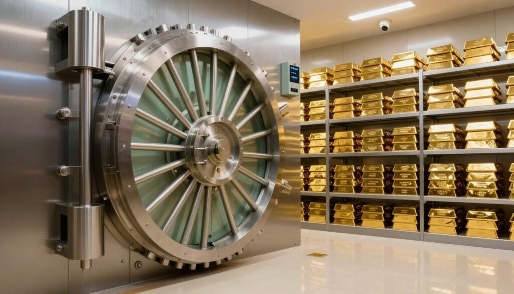 A secure gold storage depository featuring a robust, reinforced vault door made of steel with intricate locking mechanisms in the foreground. The middle ground showcases rows of gleaming gold bars meticulously arranged on secure shelves, illuminated by soft, ambient lighting that highlights their lustrous surfaces. In the background, a high-tech security system with surveillance cameras and biometric scanners is visible, emphasizing safety and control. The atmosphere is professional and secure, evoking a sense of trust and reliability. The scene is captured from a slightly low angle to convey the vault's impressive stature, using a wide-angle lens to encompass the entire storage area, creating a feeling of spaciousness and organization.