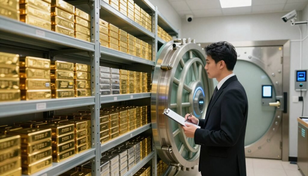 A secure vault room filled with shiny gold and silver bars stacked neatly on reinforced shelves, illuminated by warm lighting that reflects off their polished surfaces. In the foreground, a professional-looking individual in business attire inspects the storage with a clipboard in hand, showcasing diligence and trust in the security measures. The middle ground features advanced security systems, including biometric scanners and surveillance cameras mounted on the walls. In the background, a strong, impenetrable vault door stands slightly ajar, hinting at accessibility yet safeguarding the precious content inside. The atmosphere evokes a sense of safety, professionalism, and wealth, capturing the essence of precious metals storage and its importance in investment strategy.