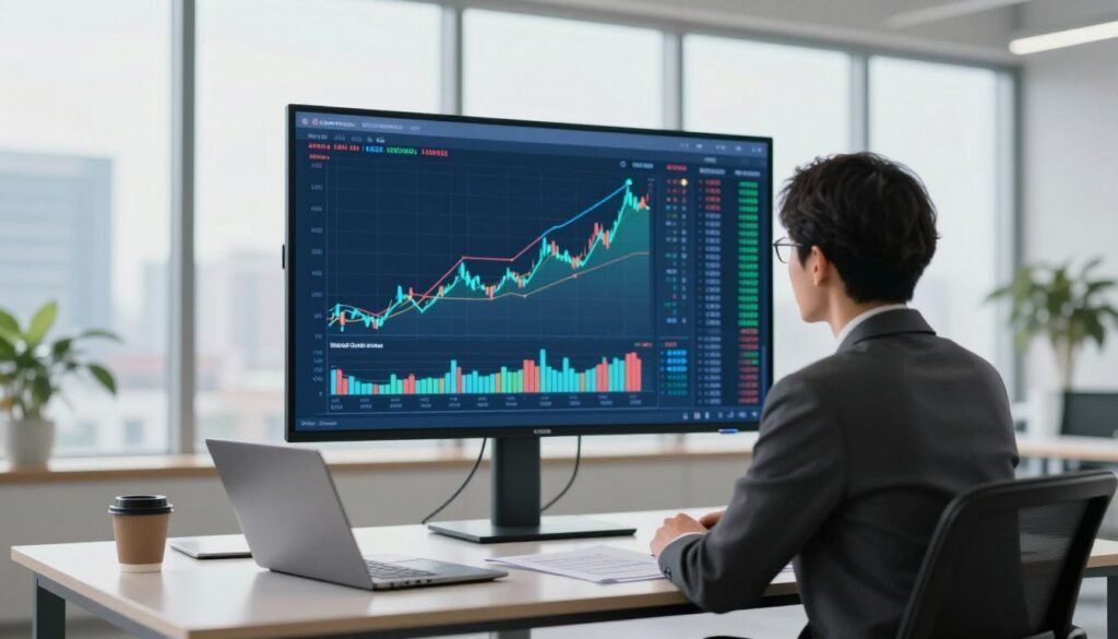 A serene office environment featuring a professional-looking individual, dressed in business attire, studying a large interactive digital screen displaying stock market charts and trends. In the foreground, a sleek desk with a laptop, financial documents, and a coffee cup. In the middle ground, the digital screen prominently features upward-trending graphs and stock data, symbolizing growth potential, with green and blue accents for a optimistic vibe. The background shows soft-focus large windows revealing a bright cityscape, bathed in natural light, suggesting daytime. The mood should convey focus and confidence, illustrating the concept of understanding stocks in retirement portfolios. Use a wide angle lens for a comprehensive view, ensuring clarity and detail.
