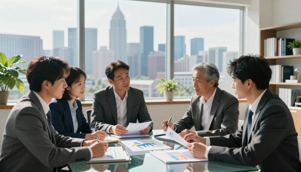A serene, professional office setting with a large window showcasing a thriving city skyline in the background, symbolizing growth and prosperity. In the foreground, a diverse group of four individuals in business attire are engaged in a dynamic discussion around a glass table, analyzing charts and graphs that represent long-term financial strategies. Natural lighting pours in, casting soft shadows and highlighting the focused expressions on their faces. Middle ground elements include plants and a modern bookshelf filled with finance-related books. The overall mood is optimistic and collaborative, emphasizing a forward-thinking approach to wealth management and stability. The image should be vibrant yet professional, conveying a sense of ambition and strategic planning. A serene, professional office setting with a large window showcasing a thriving city skyline in the background, symbolizing growth and prosperity. In the foreground, a diverse group of four individuals in business attire are engaged in a dynamic discussion around a glass table, analyzing charts and graphs that represent long-term financial strategies. Natural lighting pours in, casting soft shadows and highlighting the focused expressions on their faces. Middle ground elements include plants and a modern bookshelf filled with finance-related books. The overall mood is optimistic and collaborative, emphasizing a forward-thinking approach to wealth management and stability. The image should be vibrant yet professional, conveying a sense of ambition and strategic planning.