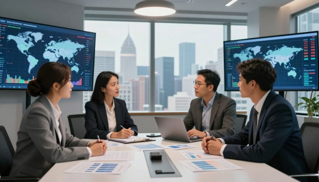 A sophisticated and dynamic office environment reflecting global investment management. In the foreground, a diverse group of three professionals in business attire engages in a discussion around a sleek, modern conference table scattered with charts and financial reports. The middle ground features a large, floor-to-ceiling window displaying a panoramic view of a bustling city skyline, symbolizing international trade and investment. Behind them, digital screens show world maps, stock graphs, and currency exchange rates, emphasizing cross-border considerations. The lighting is bright yet warm, creating an inviting atmosphere, while the camera angle is slightly elevated to capture the energy of collaboration. The overall mood is focused and professional, conveying a sense of strategic planning and global perspective.