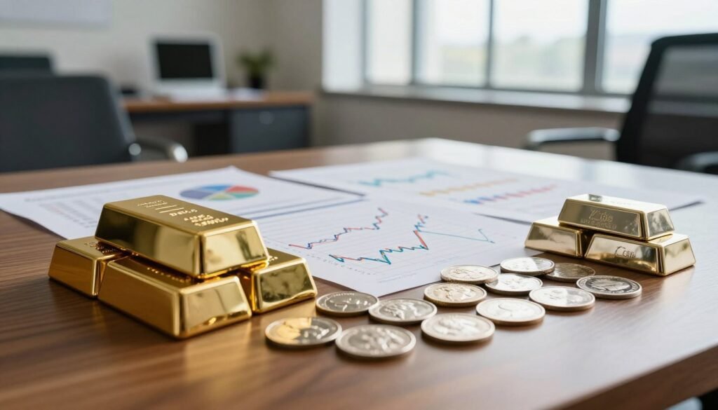 A sophisticated arrangement showcasing various precious metals investment options, including gold bars, silver coins, and platinum ingots, placed elegantly on a polished wooden table. In the foreground, light catches the gleaming surfaces of the metals, emphasizing their lustrous appeal. The middle layer features beautifully designed investment portfolios and charts displaying market trends, subtly lit to enhance clarity. In the background, a blurred financial office setting with large windows allowing natural light to flood the room, creating an atmosphere of professionalism and wealth. The overall mood is one of luxury and informed decision-making, captured with a warm color palette and a soft focus, reminiscent of a high-end financial advisory environment.