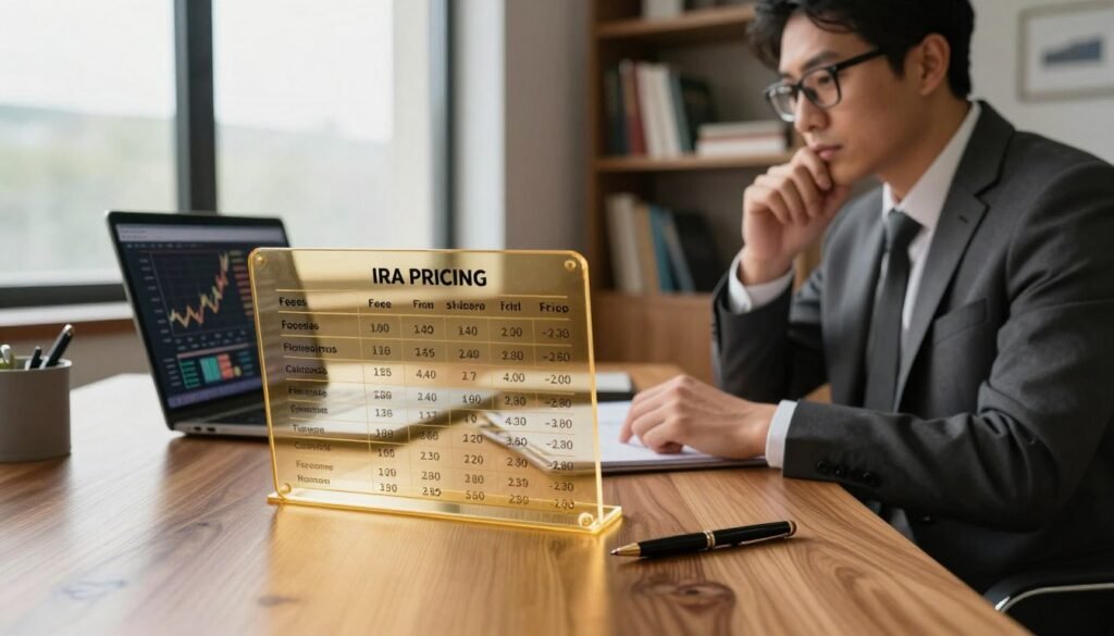 A sophisticated financial workspace featuring a transparent gold IRA pricing chart on a polished wooden desk. In the foreground, the chart displays clearly labeled fees and pricing structures in an organized layout, illuminated softly by natural light coming through a large window. To the side, a professional with short hair, dressed in a tailored suit and glasses, examines the chart thoughtfully, demonstrating engagement with the subject. In the middle ground, a laptop displays financial graphs, and an elegant pen lies poised, suggesting analysis and decision-making. The background includes a bookshelf filled with finance-related books, adding depth and context. The overall mood feels informed and professional, encouraging trust and transparency regarding investment options.