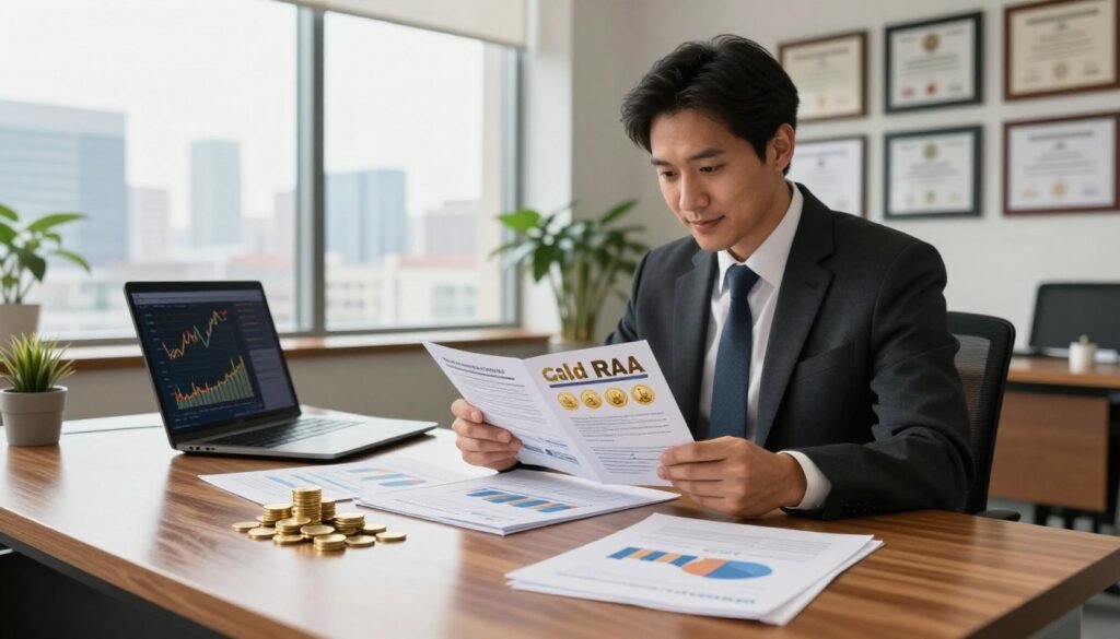 A sophisticated office interior featuring a large, polished wooden desk with financial documents, charts, and gold coins stacked neatly. In the foreground, a confident investor in professional attire is examining an open gold IRA brochure, showcasing alternative investment strategies. The middle-ground displays a large window letting in natural light, illuminating a city skyline. A sleek laptop showing graphs transitions the scene toward modern investment technology. The background includes a wall filled with framed investment certifications and a potted plant for a touch of greenery. The atmosphere is one of optimism and professionalism, with warm lighting highlighting the investor's diligent exploration of alternative IRAs. A shallow depth of field emphasizes the investor's focus on the strategy in hand.