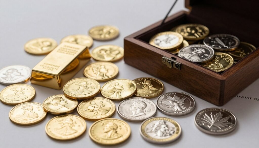 A visually appealing arrangement of IRA-approved bullion and coins, prominently featuring an array of gold and silver bars, as well as a selection of iconic coins such as American Gold Eagles and Silver Maple Leafs. In the foreground, the shiny surfaces of the metals reflect soft overhead lighting, highlighting their intricate details and purity marks. The middle ground includes a small, elegant wooden display box partially open to showcase more bullion and coins nestled within velvet lining. In the background, a subtle, blurred financial or investment-themed setting conveys a sense of security and professionalism. The overall mood is sophisticated and informative, conveying trust and value in precious metals. Use a slightly elevated angle to emphasize the beauty of the coins and metals, enhancing their allure. A visually appealing arrangement of IRA-approved bullion and coins, prominently featuring an array of gold and silver bars, as well as a selection of iconic coins such as American Gold Eagles and Silver Maple Leafs. In the foreground, the shiny surfaces of the metals reflect soft overhead lighting, highlighting their intricate details and purity marks. The middle ground includes a small, elegant wooden display box partially open to showcase more bullion and coins nestled within velvet lining. In the background, a subtle, blurred financial or investment-themed setting conveys a sense of security and professionalism. The overall mood is sophisticated and informative, conveying trust and value in precious metals. Use a slightly elevated angle to emphasize the beauty of the coins and metals, enhancing their allure.