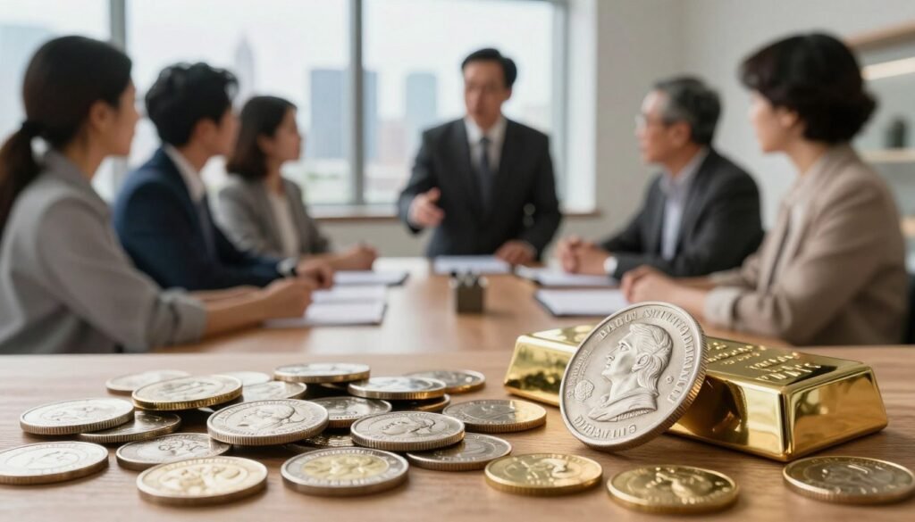 A visually compelling image depicting portfolio diversification with precious metals, featuring an elegant display of silver and gold coins and bars in the foreground. The middle section showcases a polished wooden table with a financial advisor in professional business attire explaining investment strategies to a diverse group of clients, highlighting camaraderie and trust. In the background, a large window reveals a city skyline, symbolizing financial growth and stability. Soft, natural lighting spills into the scene, creating a warm and inviting atmosphere. The focus is on the tangible assets of precious metals, with a subtle bokeh effect to emphasize the human interaction, encapsulating the essence of diversifying an investment portfolio with valuable commodities. A visually compelling image depicting portfolio diversification with precious metals, featuring an elegant display of silver and gold coins and bars in the foreground. The middle section showcases a polished wooden table with a financial advisor in professional business attire explaining investment strategies to a diverse group of clients, highlighting camaraderie and trust. In the background, a large window reveals a city skyline, symbolizing financial growth and stability. Soft, natural lighting spills into the scene, creating a warm and inviting atmosphere. The focus is on the tangible assets of precious metals, with a subtle bokeh effect to emphasize the human interaction, encapsulating the essence of diversifying an investment portfolio with valuable commodities.