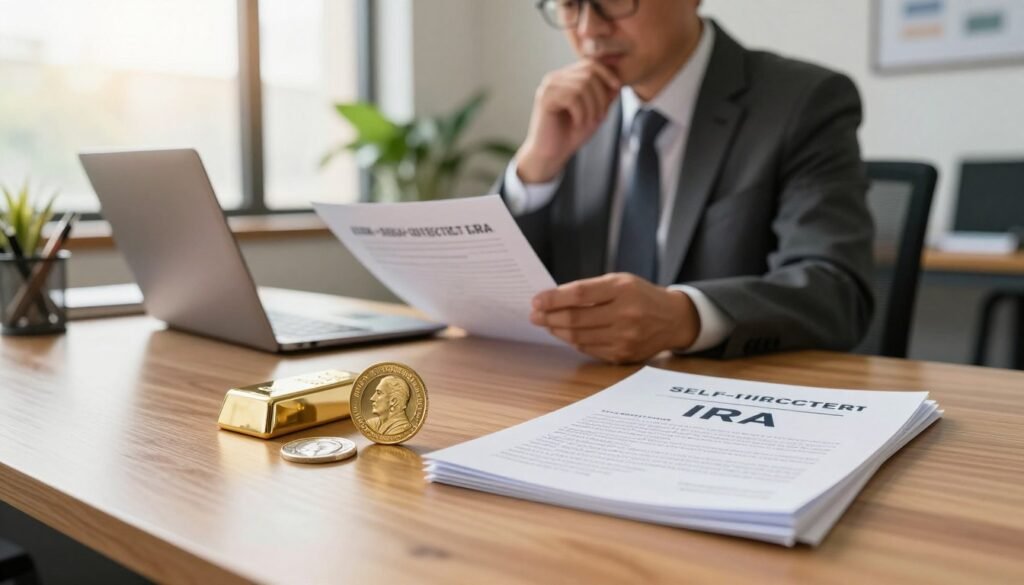 A visually compelling image showcasing the concept of a self-directed IRA focused on precious metals, set in a professional office environment. In the foreground, a polished wooden desk displays a golden bullion coin, a silver ingot, and a stack of investment prospectuses, signifying wealth and investment opportunities. In the middle ground, a middle-aged professional wearing business attire examines financial documents with a thoughtful expression, surrounded by a laptop and a potted plant, symbolizing growth and prosperity. The background features a large window with natural sunlight streaming in, illuminating the room and creating a warm, inviting atmosphere. The overall mood is one of optimism and professionalism, encouraging sound financial planning. Use soft, warm lighting to enhance the ambiance, focusing on clarity and detail. A visually compelling image showcasing the concept of a self-directed IRA focused on precious metals, set in a professional office environment. In the foreground, a polished wooden desk displays a golden bullion coin, a silver ingot, and a stack of investment prospectuses, signifying wealth and investment opportunities. In the middle ground, a middle-aged professional wearing business attire examines financial documents with a thoughtful expression, surrounded by a laptop and a potted plant, symbolizing growth and prosperity. The background features a large window with natural sunlight streaming in, illuminating the room and creating a warm, inviting atmosphere. The overall mood is one of optimism and professionalism, encouraging sound financial planning. Use soft, warm lighting to enhance the ambiance, focusing on clarity and detail.