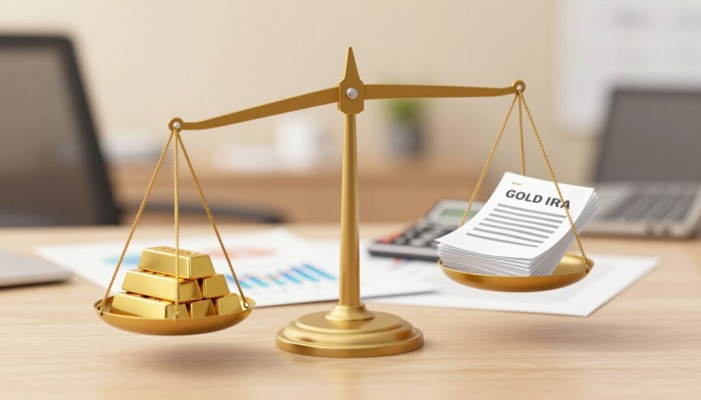 A visually engaging and informative illustration depicting the pros and cons of a Gold IRA. In the foreground, a balanced scale with gold bars on one side representing the benefits, and stacks of paperwork symbolizing drawbacks on the other. In the middle, subtle visuals of financial charts and a calculator, indicating analysis and decision-making. The background showcases a blurred office environment with warm lighting to create a professional and focused atmosphere. The image should convey a sense of weighty contemplation, suitable for an article discussing investment decisions. Use a slightly tilted angle to add depth and interest to the composition, while ensuring all elements are clear and easily identifiable. No text or labels should be included.