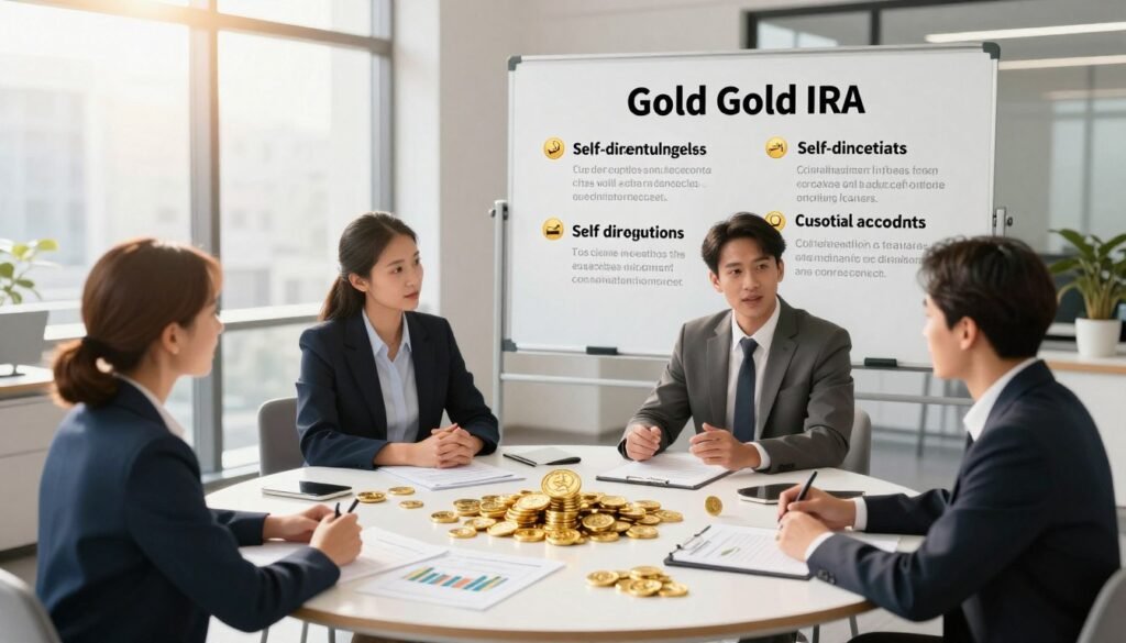 A visually engaging illustration depicting different types of Gold IRA accounts. In the foreground, showcase a diverse group of professionals—two men and two women—dressed in smart business attire, engaged in discussion around a round table covered with gold coins, small charts, and documents detailing account types such as self-directed and custodial Gold IRAs. In the middle ground, have a large poster or whiteboard illustrating key features of these accounts, like tax benefits and regulations. The background should be a sleek modern office environment with large windows allowing warm sunlight to filter in, creating a bright and optimistic atmosphere. Use a slightly elevated angle to capture the essence of collaboration and investment strategy.