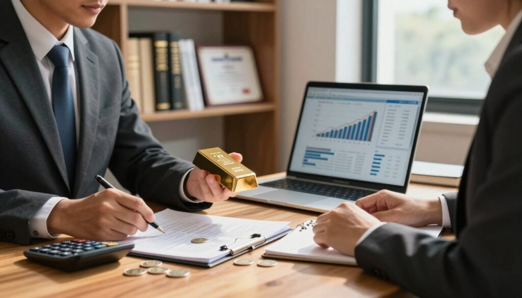 A visually striking and informative image showcasing expert IRA management tips. In the foreground, a professional financial advisor, dressed in a sharp business suit, is intently examining gold bars and silver coins on a polished wooden desk, using a calculator and a notepad filled with financial notes. In the middle ground, shelves lined with finance books and certificates of achievement create a sense of authority and knowledge. The background features a large window letting in soft, natural light, casting warm shadows across the space, enhancing a productive atmosphere. A sleek laptop is also present, displaying graphs and charts related to precious metals investments. The overall mood is focused, professional, and encouraging, reflecting the importance of informed account management.
