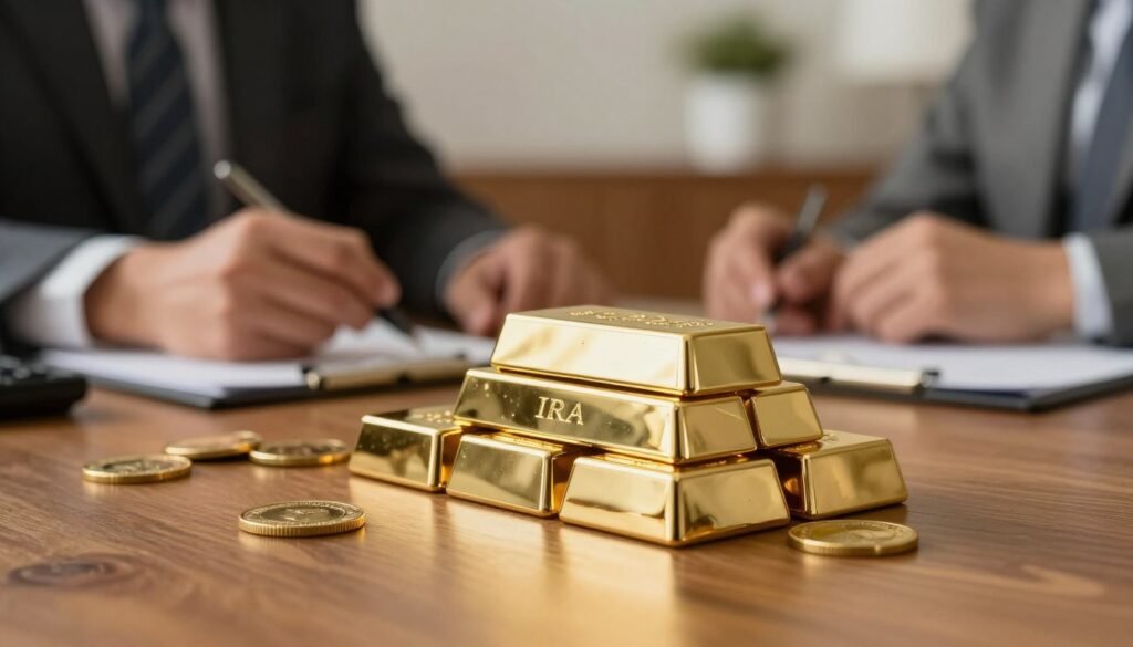 A visually striking arrangement of a gold IRA investment setup, showcasing both gold coins and gold bars. In the foreground, display a shiny gold coin resting on a polished wooden desk, with a few more coins scattered nearby. The center features a stack of gleaming gold bars, elegantly aligned. The background includes a blurred image of a financial advisor in professional attire, engaged in discussion with a client, emphasizing the consulting aspect of investment. Warm, ambient lighting bathes the scene, creating an inviting and professional atmosphere. Utilize a shallow depth of field for a crisp focus on the gold items, while maintaining a soft blur on the figures in the background, evoking a sense of trust and expertise in gold investments for IRAs.