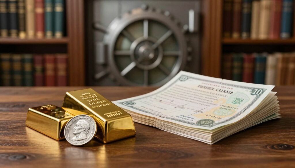 A visually striking comparison of physical bullion and paper instruments representing gold and silver investing. In the foreground, a gleaming gold and silver bullion bar and coin are elegantly displayed on a rich wooden surface. A polished stack of financial documents and certificates, symbolizing paper instruments, is carefully positioned to the side. In the middle, a blurred vault door hints at security and wealth preservation. The background features soft-focused shelves filled with historical books on investing, imparting a sense of knowledge and tradition. The lighting is warm and inviting, casting gentle reflections on the bullion, while the documents remain crisp and detailed. The overall mood conveys a sense of opportunity and prudence in precious metal investing.