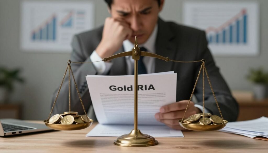 A visually striking composition illustrating the risks associated with a Gold IRA. In the foreground, a balanced scale showcasing gold coins on one side and paperwork symbolizing investment risks on the other side, illuminated by soft, focused light to create depth. In the middle ground, a concerned business professional, dressed in a tailored suit, studying financial documents with furrowed brows, conveying contemplation and caution. The background features a blurred office setting with graphs and charts that suggest financial volatility. The atmosphere is serious and introspective, evoking a sense of urgency and the need for informed decision-making about investments. Warm yet subdued lighting enhances the mood, while the composition’s depth directs attention to the primary elements of risk and investment.