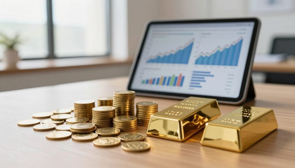 A visually striking image of strategic portfolio allocation featuring a balanced arrangement of gold coins and gold bars. In the foreground, display an elegant wooden table adorned with an assortment of shiny gold coins stacked in neat piles and a few prominent gold bars glinting under soft, warm lighting. In the middle ground, include a modern digital tablet showing financial graphs and charts related to precious metals, emphasizing strategic allocation. The background should feature a soft-focus financial office with large windows letting in natural light, hinting at a professional atmosphere. The overall mood should convey trust and clarity, ideal for investors contemplating their precious metals portfolio. The perspective should be slightly angled, emphasizing the wealth aspect while maintaining a clean, uncluttered composition.